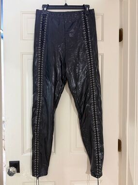 Blackmilk Black Faux Leather Lace-Up Leggings with Silver Eyelets